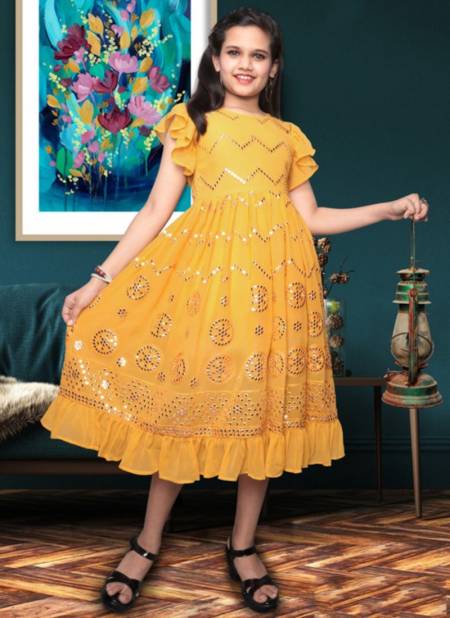 Yellow Colour WHAT WESTERN stylish Party Wear Georgette embroidery mirror work Frock Kids Girls Wear Collcetion WHAT 01